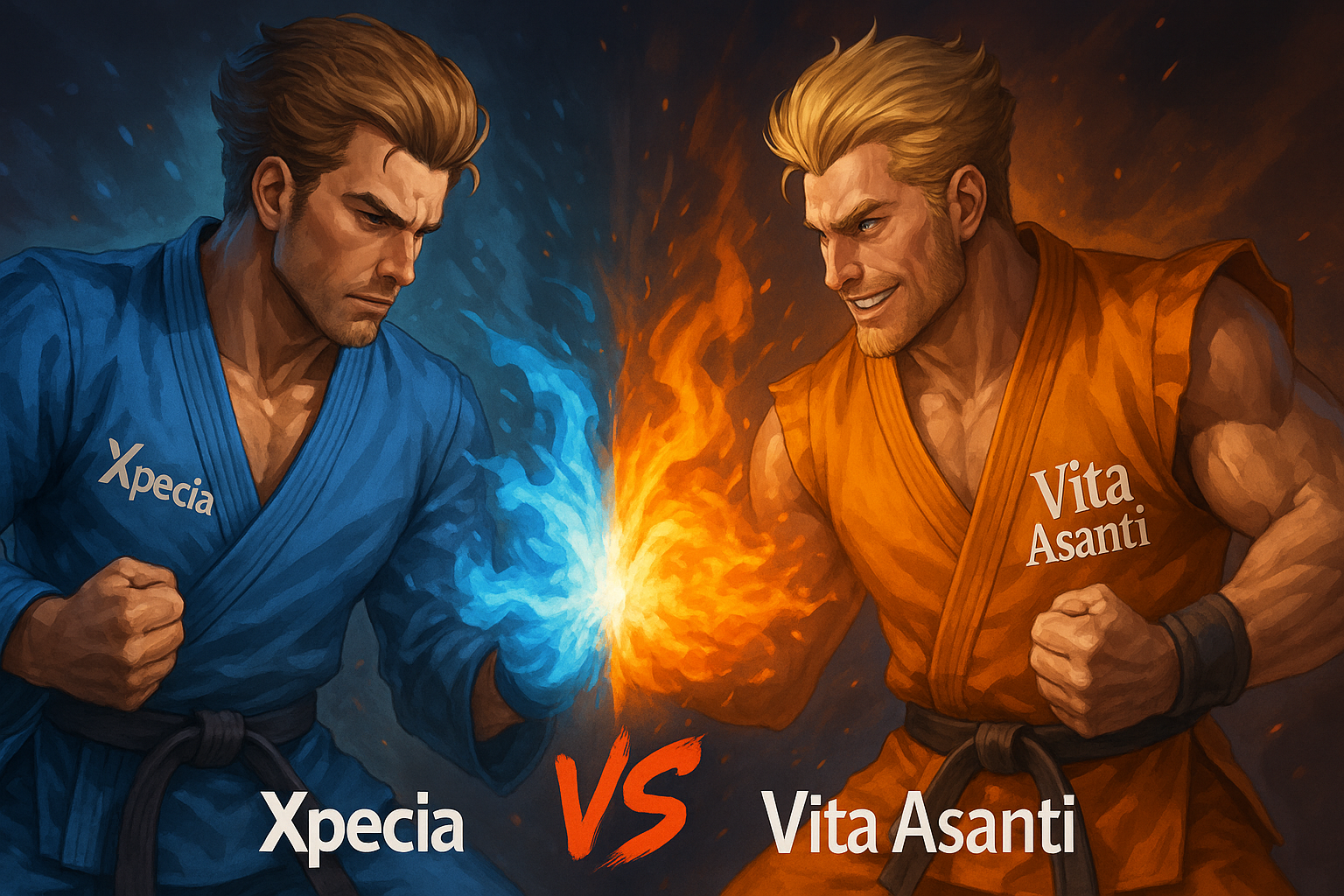 Representación ilustrada del duelo entre Xpecia y Vita Asanti como tratamientos capilares