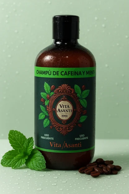 Champú de cafeína y menta Vita Asanti 500 ml rodeado de hojas de menta, granos de café y gotas de agua refrescantes